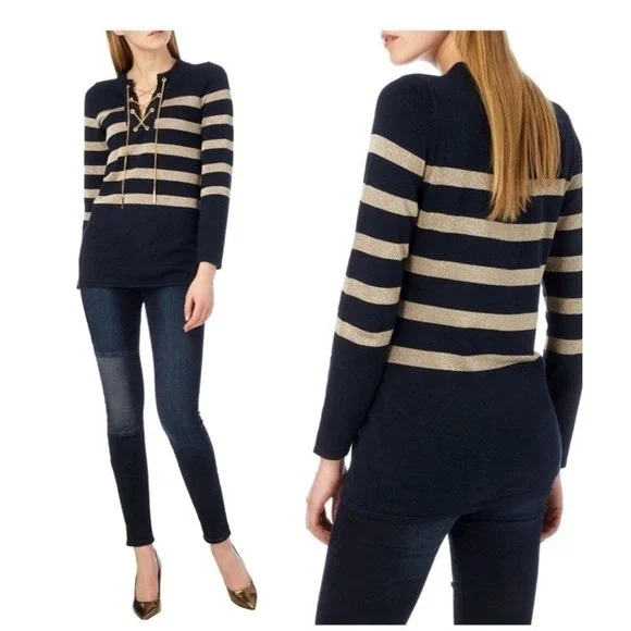 MICHAEL KORS Sz S Chain Lace-up Metallic Gold Striped Navy Sweater Top L/S Prepy