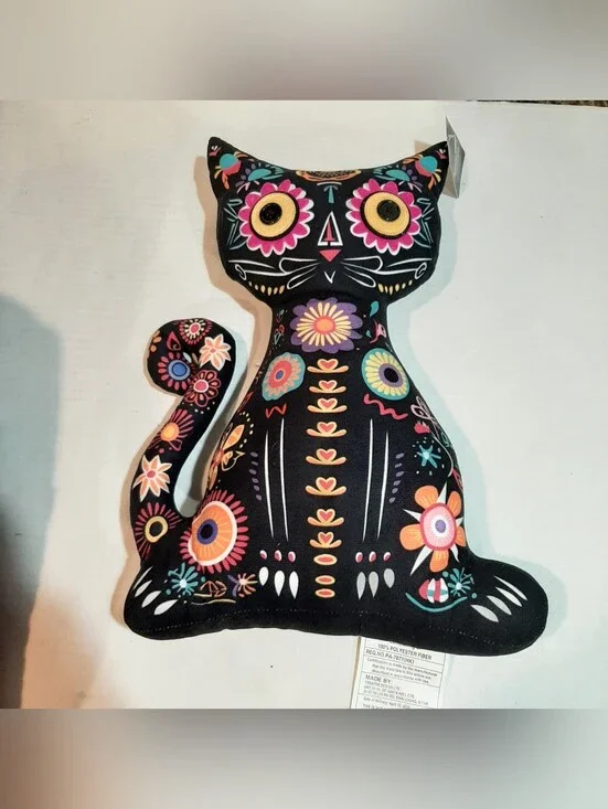 Halloween Day of the Dead Sugar Skull Skeleton Cat Pillow NWT