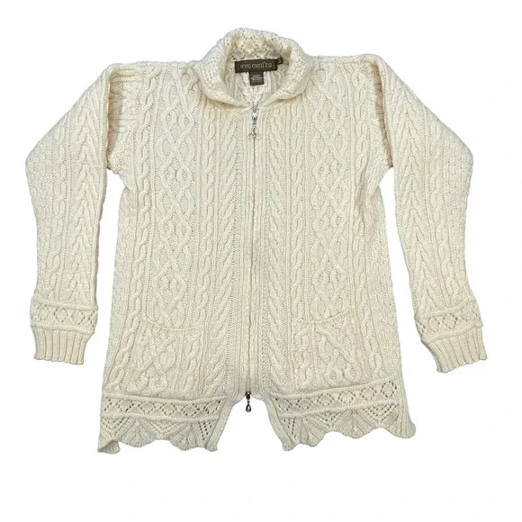 Inis Crafts Cream Merino Wool Cable Knit Full Zip Cardigan Sweater Women Medium