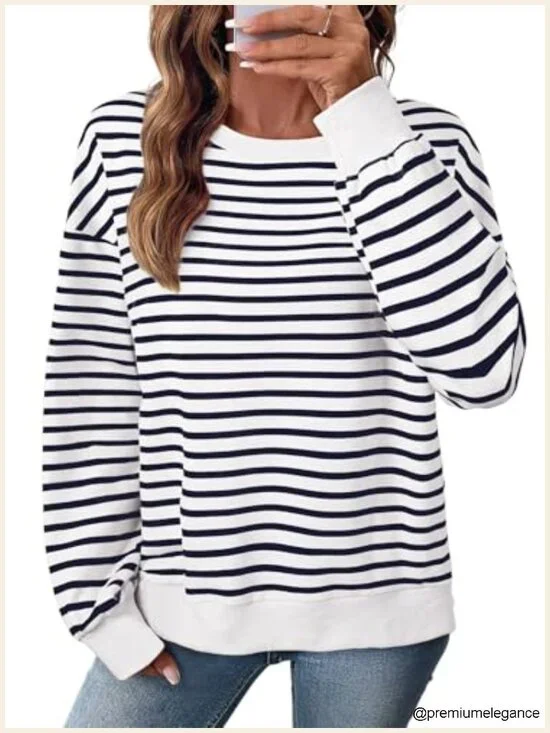 Oversized Crewneck Sweatshirt Striped Long Sleeve Pullover Tunic Top