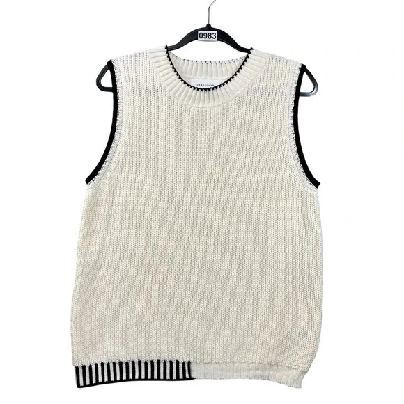 Dear John Birna Sweater Women's M Cream Black‎ Trim Sleeveless Preppy Minimalist
