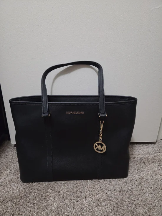 Michael Kors Black Saffiano Leather Tote with Gold MK Charm