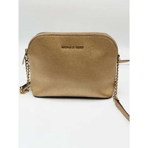 MICHAEL KORS Gold Saffiano Leather Dome Crossbody Bag Chain Strap AS IS