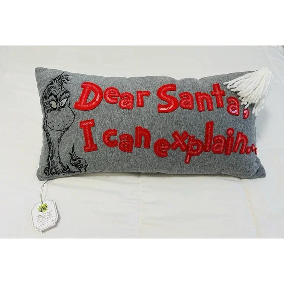 Pottery Barn Dr. Seuss The Grinch Dear Santa Christmas Holiday Pillow Sz 12x24in