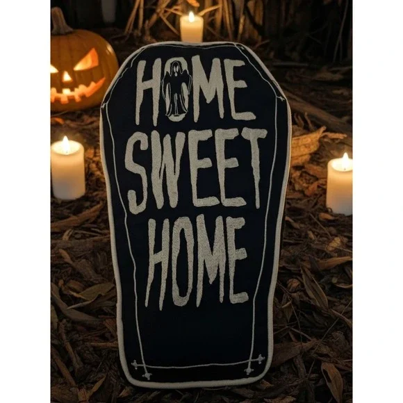 Pier 1 Halloween Coffin Pillow Home Sweet Home Ghost Indoor Outdoor 20x12 Decor