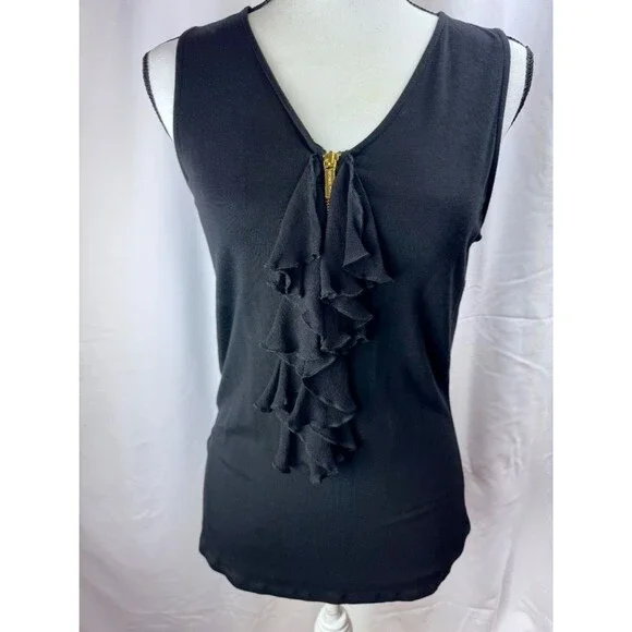 Michael Kors Women Black Tank Top Front Zipper with Ruffles - Size M (A201)