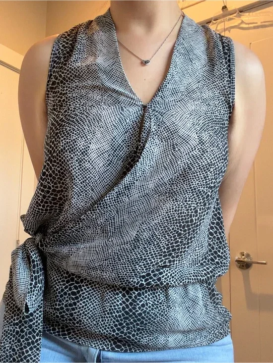 Michael Kors Black and White Animal Print Sleeveless Wrap Blouse