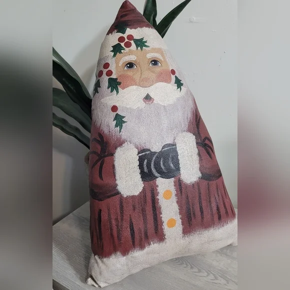 Vintage Santa Claus Hand Painted Oil Cloth canvas Stuffed Holiday Throw Pillow