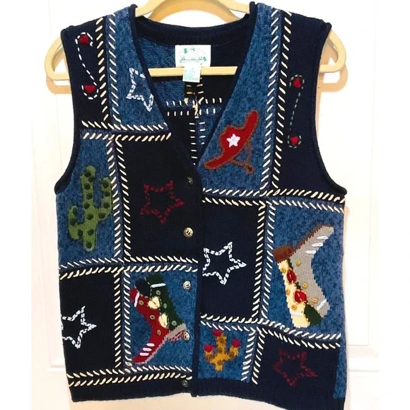 Quacker factory western cowboy boot cactus sweater vest women's S Embroidered TX