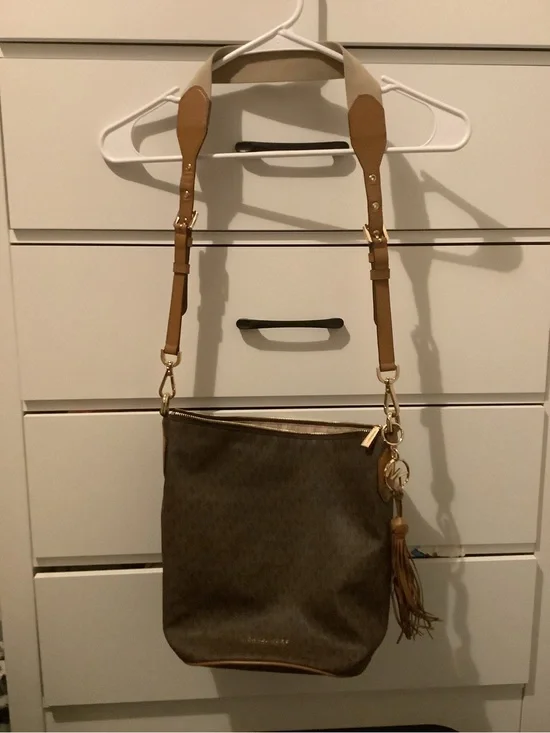Michael Kors Brown Logo Crossbody with Tan Strap and Tassel