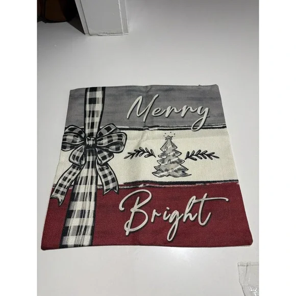 MERRY/BRIGHT Christmas Burlap‎ Throw Pillow Cover 16x16 Winter Holiday 4 PCs