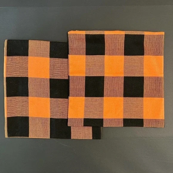 Set‎ 2 Halloween Fall Buffalo Plaid Check Orange Black Pillow Covers