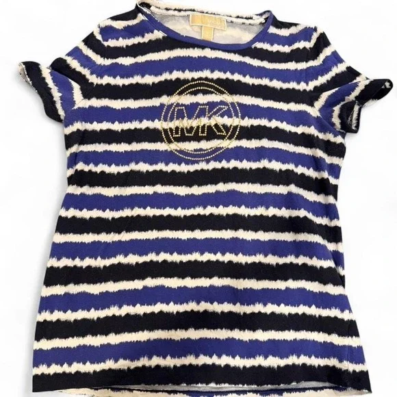 Michael Kors Womens Blue Black Striped Studded MK Logo T-Shirt Size Medium