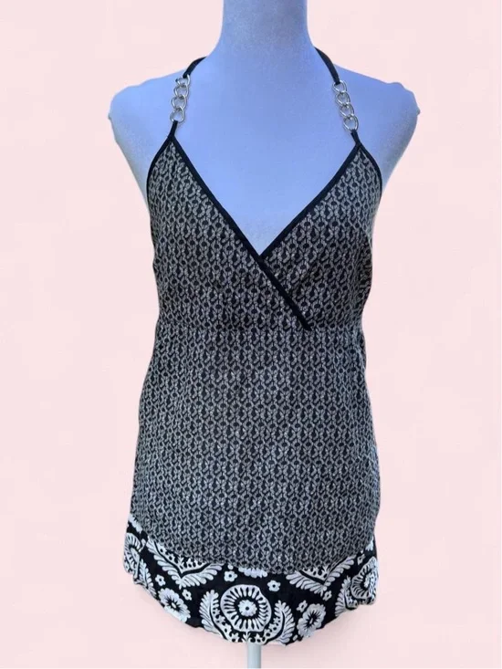 Michael Kors Black & White Patterned Halter Cami with Chain Straps