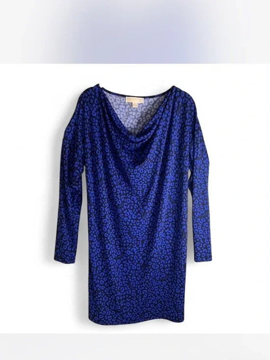 Wild Michael Kors Blue and Black Leopard-Print Cowl Neck Dress size S