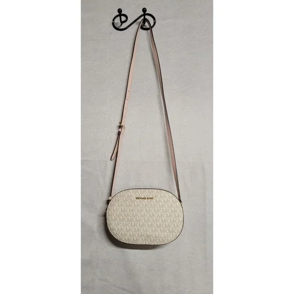 Tan Monogram With Pink Trim Michael Kors Small Crossbody Bag