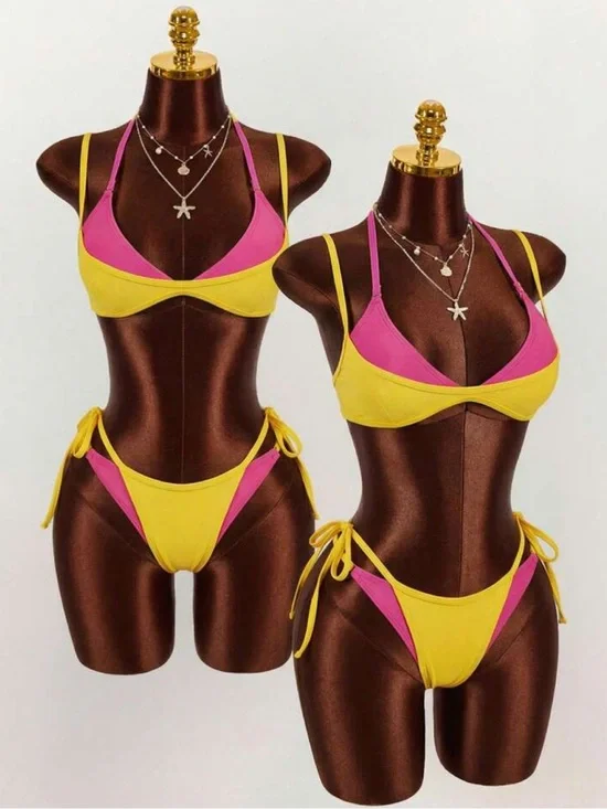 SHEIN Yellow & Pink Two-Tone Tie-Side Bikini Set