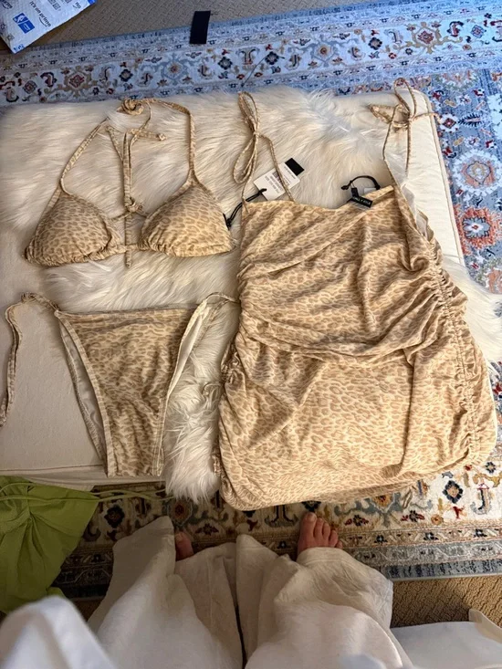 Kendall & Kylie Beige Leopard Print Triangle Bikini and cover up dress