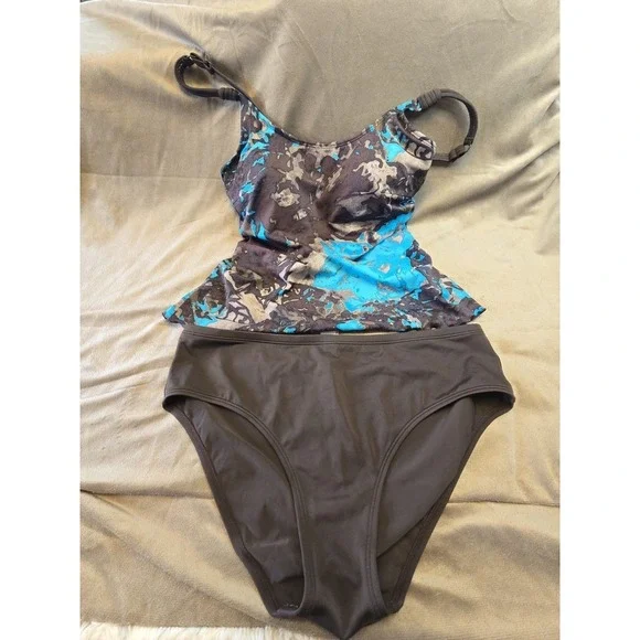 Amoena Coral Sea Tankini Top & Bikini Bottom Set Brown Blue Size M 36C 10 12 40C