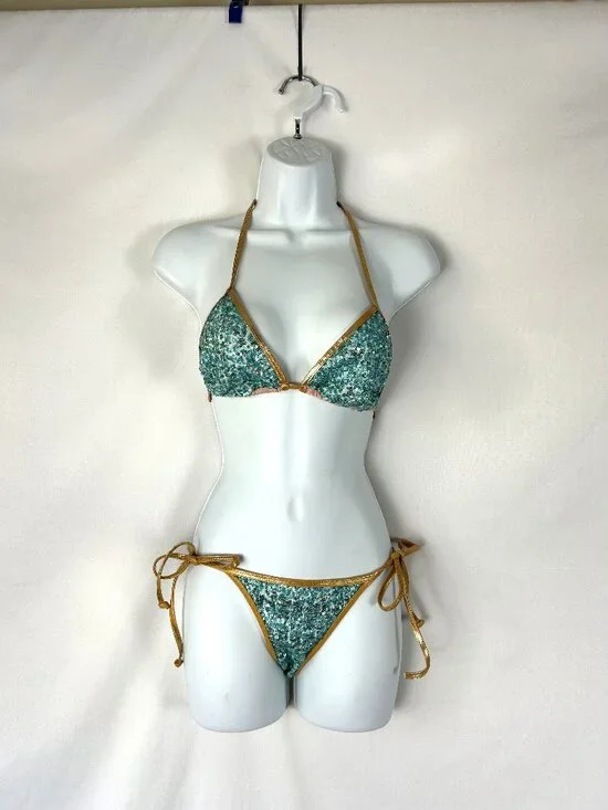 Doll & Co Sequin Mermaid String Bikini Aqua Gold S