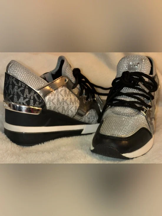 Michael Kors Liv Glitter Mesh Wedge Trainers - Size 6