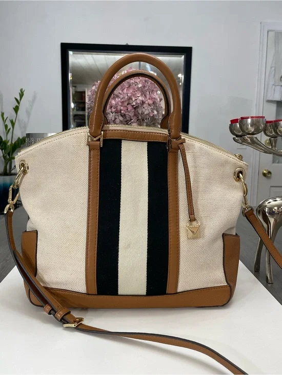 Michael Kors Canvas Leather Satchel Crossbody Bag Stripe Large Beige Brown Tot