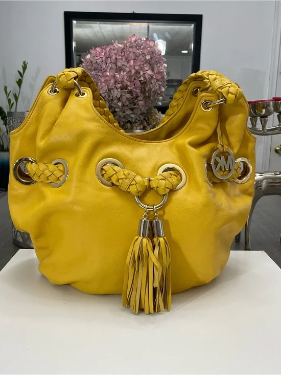 Michael Kors Yellow Leather Braided Grommet Shoulder Tote Bag Tassel Large MK