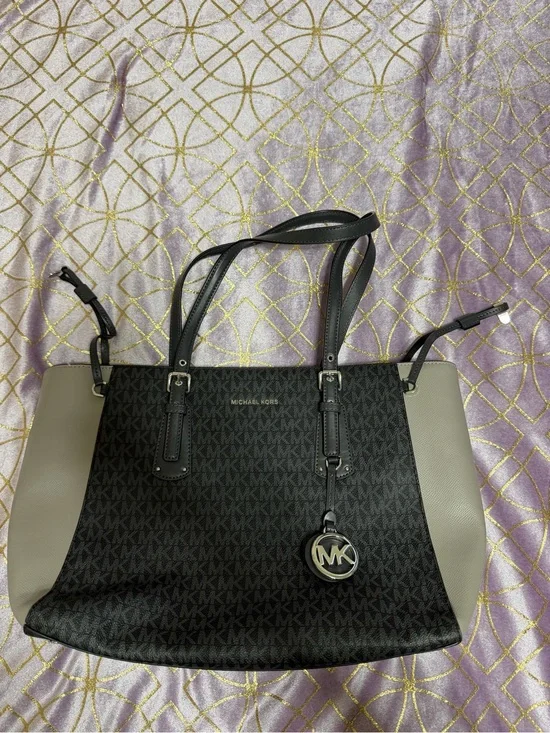 Michael Kors Black & Taupe Logo-Print Tote with MK Charm