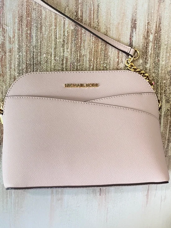 Michael Kors Staffiano Leather Shell Crossbody Bag Blush Pink Gold Chain