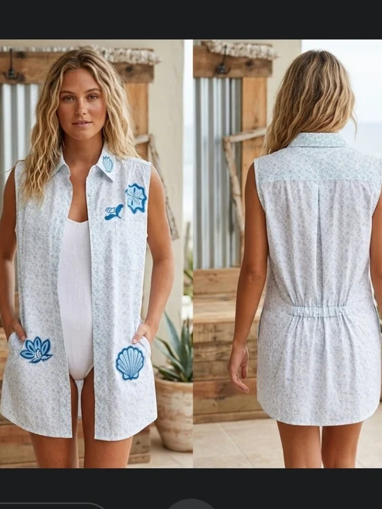 Upcycled beach swim Coverup M-L shirt refashion blue floral appliques