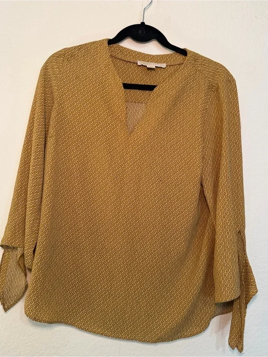 Michael Kors Mustard Printed V-Neck Tie-Sleeve Blouse M