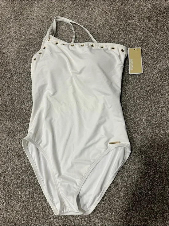 NWT Michael Kors White One Shoulder Swimsuit Size 14 Gold Grommets Cruise 2020