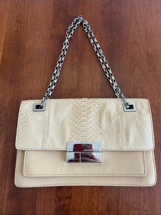 Michael Kors Collection Beige Snakeskin-Textured Chain Shoulder Bag 🐍✨