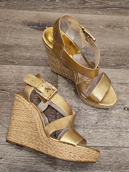 MICHAEL KORS Gold Metallic Espadrilles Wedges Sandals Sz 8.5