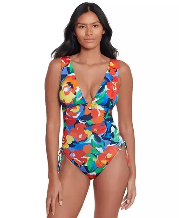Lauren Ralph Lauren Women's Shirred Plunge-Neck One-Piece Swimsuit