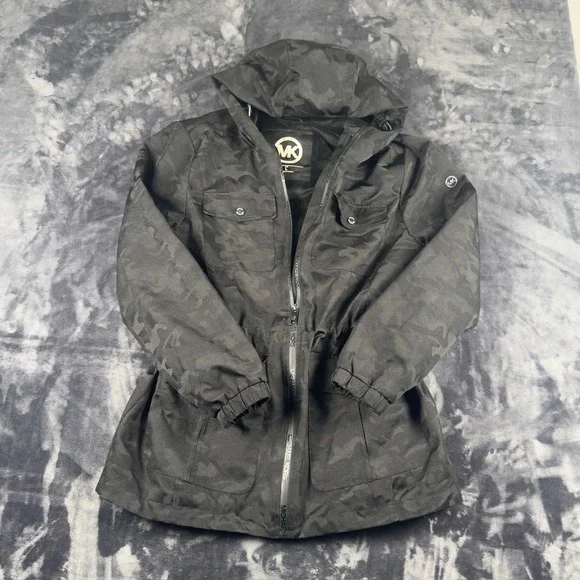 Michael Kors Camo Hooded Jacket Womens Large Black Grey Full Zip Drawstring