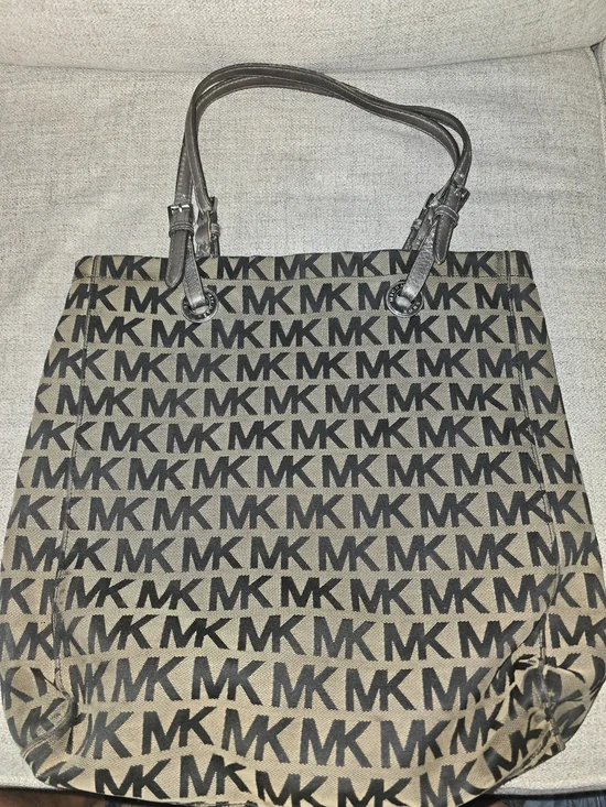 Michael Kors Tan Canvas MK Logo Tote with Black Print Used Large Travel