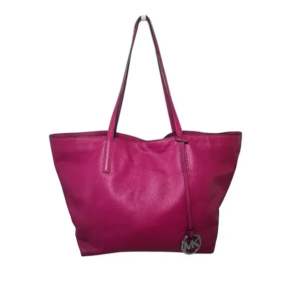 Michael Kors Tote Bag Fuchsia Leather Silver Shoulder Minimalist MK Charm