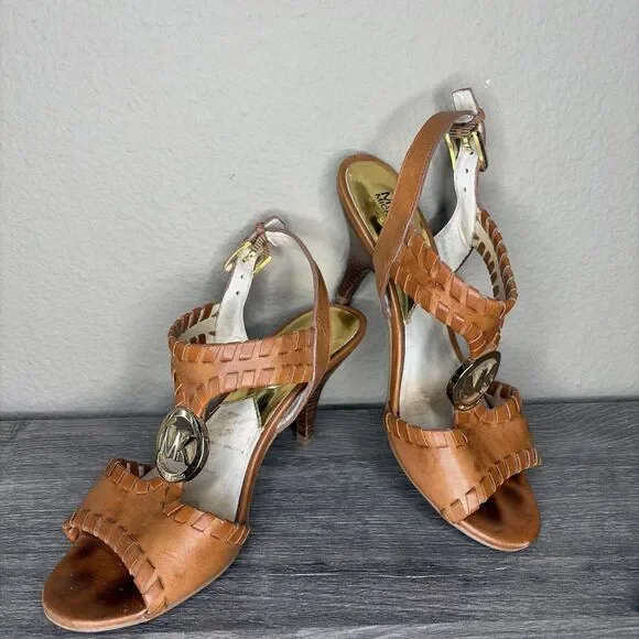 MICHAEL KORS Kalle T Strap Womens Brown Leather Heels Sandals 6.5 Whip Stitch