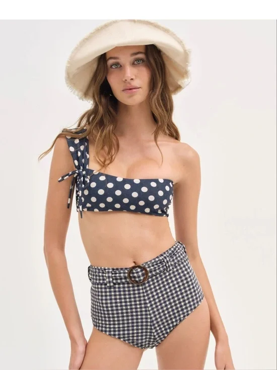 For Love & Lemons DENIM DOT ONE-SHOULDER BIKINI TOP