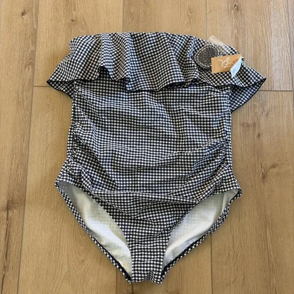 Kona Sol Navy Blue & White Gingham Ruffle One Piece Swimsuit Size XL NWT (16-18)