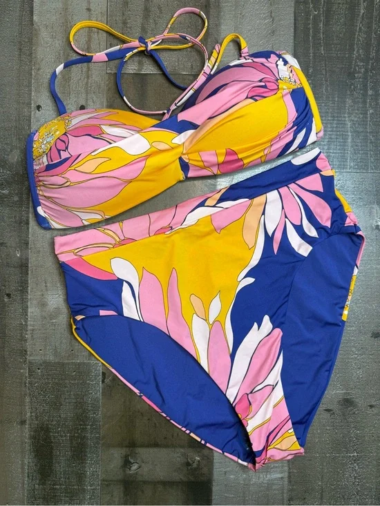 NWOT Trina Turk Breeze Pink & Yellow Floral High-Waist Bandeau Bikini Set sz 10