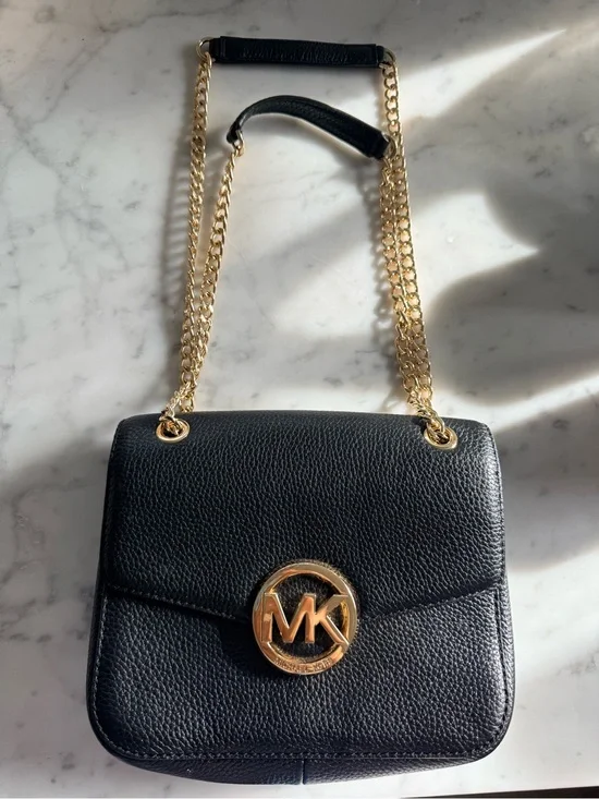 Michael Kors Black Pebbled Leather Shoulder Bag with Gold Hardware