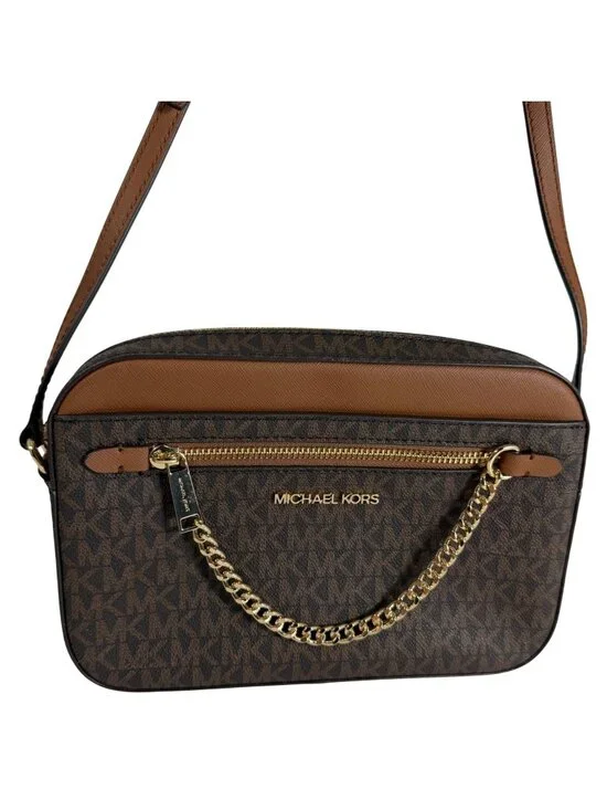 NWT $398 Michael Kors Jet Set Brown Signature Logo PVC Chain Crossbody Bag