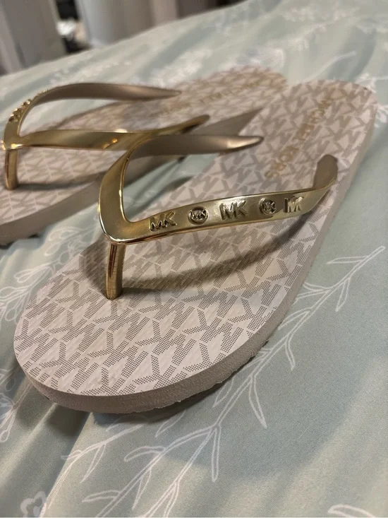 Michael Kors Gold and Beige MK Logo Flip Flops