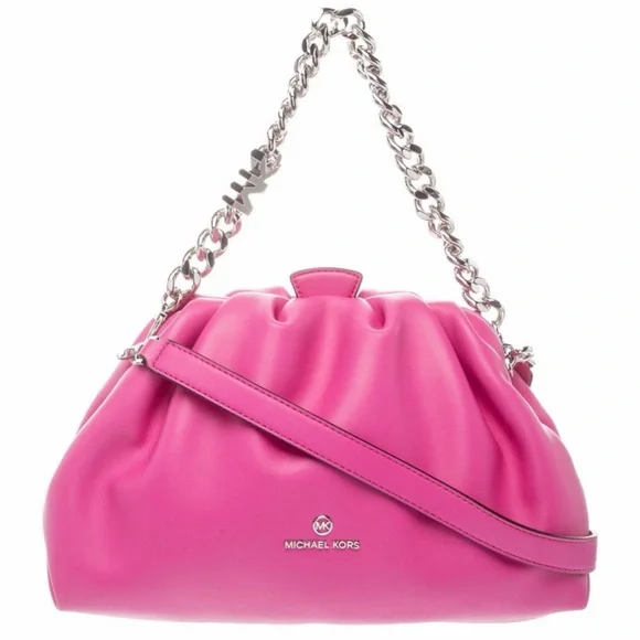 Michael Kors-Nola Small Faux Leather Crossbody Bag In Hot Pink w/Silver Chain