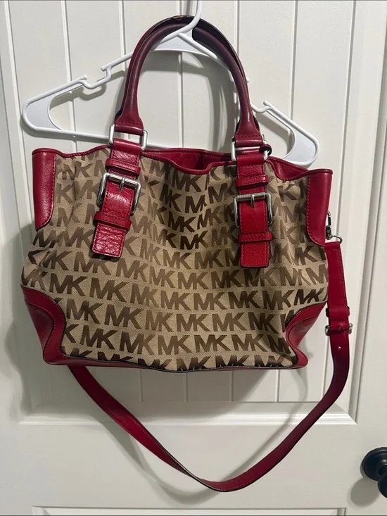 Michael Kors Brown Signature MK Tote with Red Trim