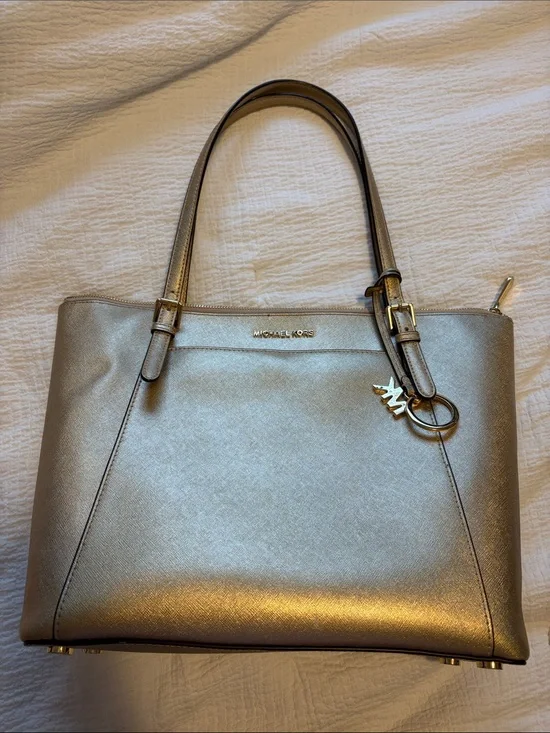 Michael Kors Metallic Champagne Leather Tote with MK Charm