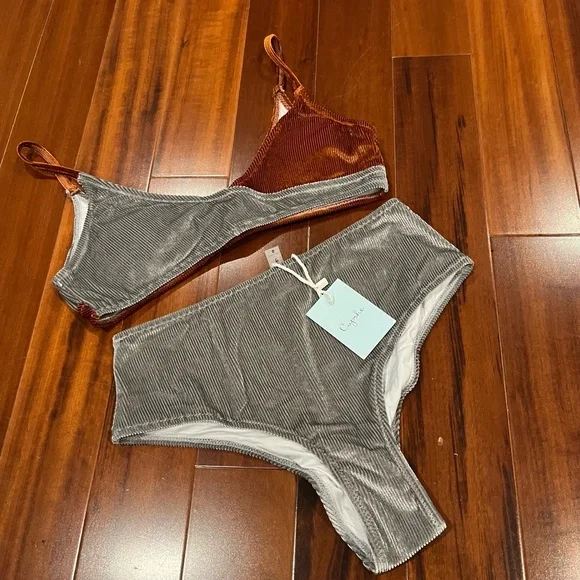 Cupshe Velvet Bikini Set Swim Two Tone Gray Brown New Padded Velour Rib‎ Small