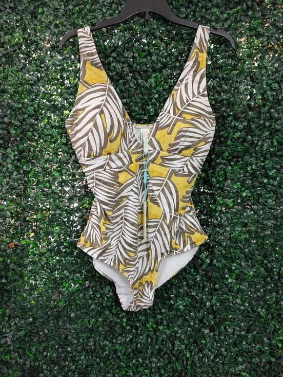 Tropical Leaf-Print Peplum One-Piece Swimsuit — Yellow & White